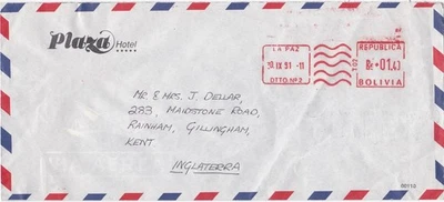 1991 Bolivia oversize cover sent from La Paz to Rainham, Gillingham, Kent UK - Image 1 of 2
