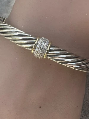 David Yurman 纯银 18K YG 电缆经典铺面钻石站手链 — 第 1/4 张图片