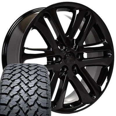 OE Wheels FR76 22x9 Black Wheels & 285/45R22 A/T Tires Set 6x135 - Image 1 of 4