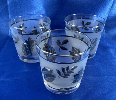 3 Libbey Silver Leaf Foliage Short Old Fashioned Rocks Glasses Mid-Century Mod - Image 1 of 4