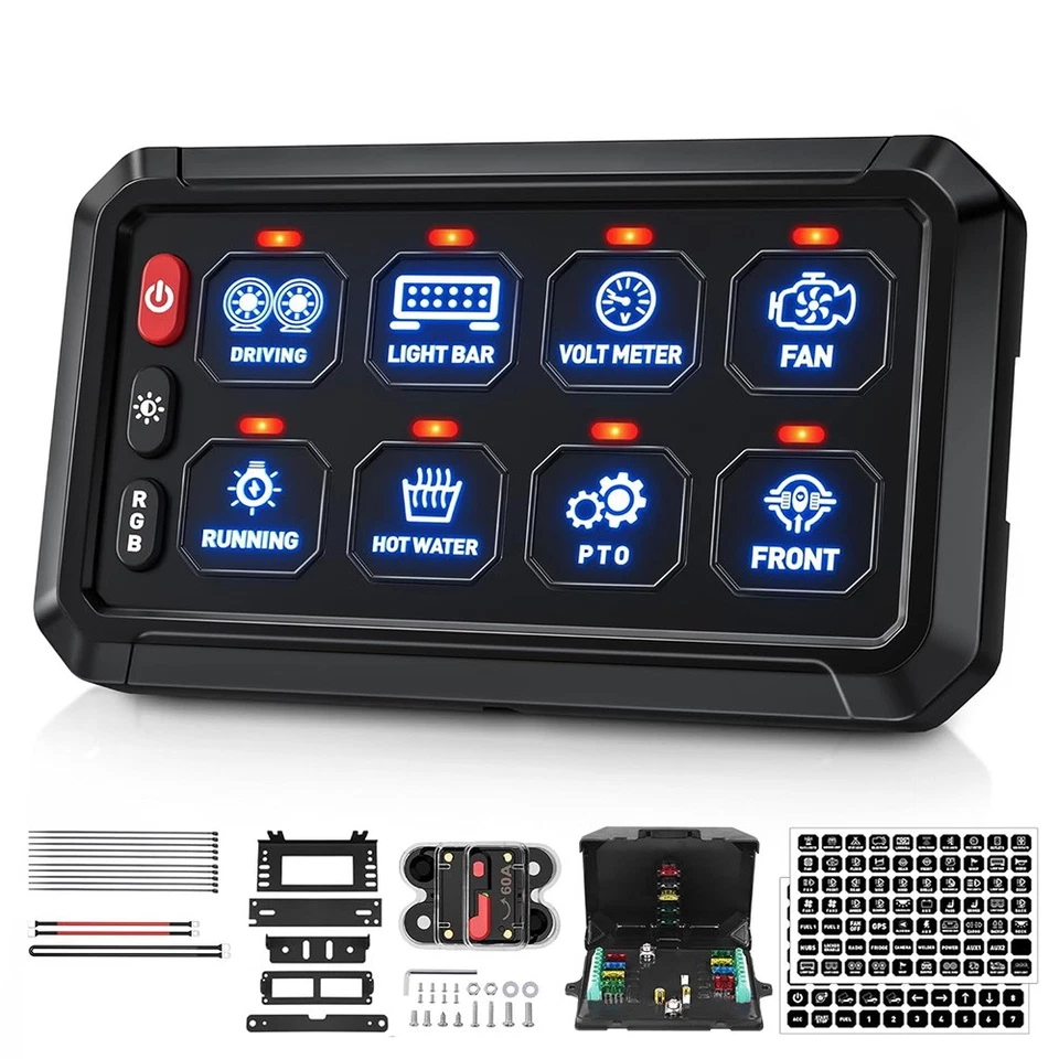 RGB 8 Gang Switch Panel Toggle On-Off LED Light Bar Switch Relay System Marine Foto 1 de 4