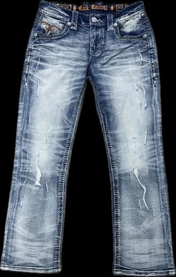 Calça jeans masculina nova com etiquetas Rock Revival Callan angustiada boot cut tamanho 32x30 - Imagem 1 de 4