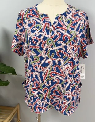 NWT Buttersoft Christmas Scrub Top Plus 3X Candy Canes Scrubs Holiday Nurse - Image 1 of 4
