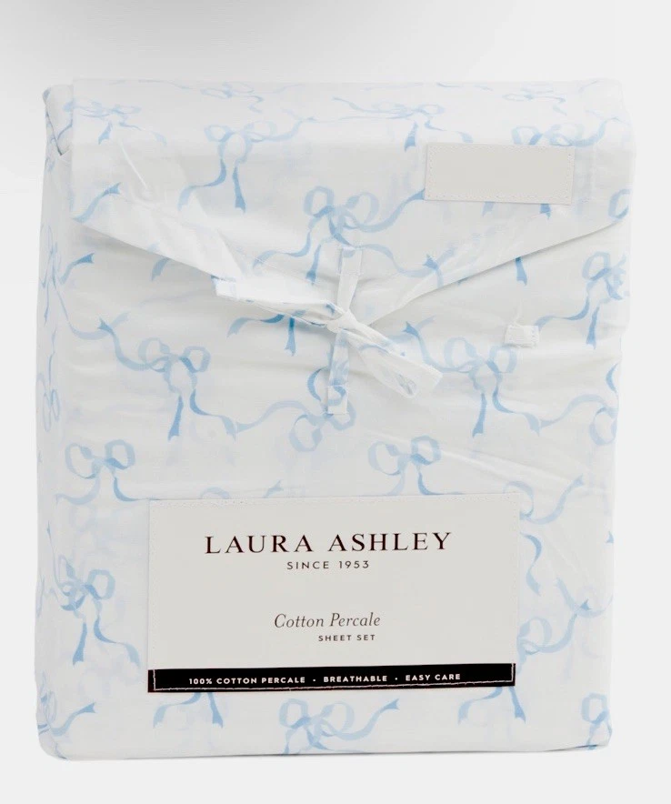 Laura Ashley QUEEN Cotton Percale NEW blue Bow Ribbon SHEET SET - Image 1 of 2
