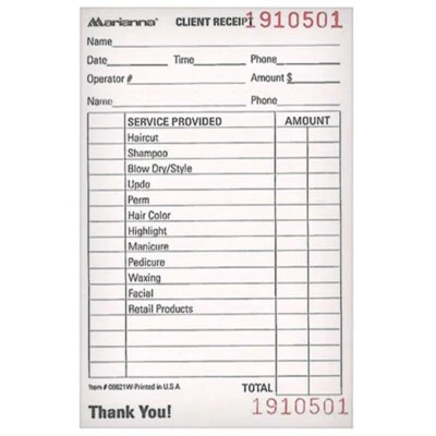 BK-08821W BARBER SALON BEAUTY MARIANNA RECEIPT RECORD NUMBERED TAB CHECK PAD