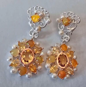ORECCHINI IN ARGENTO STERLING 925 CON CITRINI, PERLE, OPALI DI WELO NATURALI - Foto 1 di 7