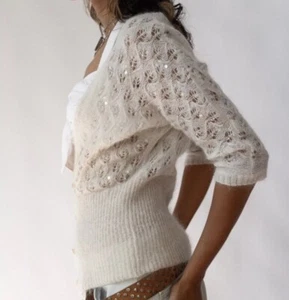 LOFT Ann Taylor Sz XS Ivory Mohair/ Wool Crochet Knit Sequins Beads Cardigan - Picture 1 of 19