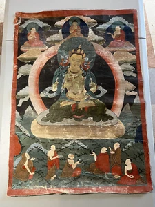 Antique Tibetan thangka deity surrounded by monks - Picture 1 of 1