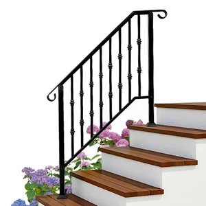 Handrails for Outdoor Steps Matte Black Wrought Iron, Stair Railing for 3-4 Step - Picture 1 of 8