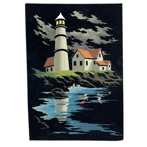 Vintage Oil Painting On Velvet Lighthouse Ocean Waves MCM VTG - Picture 1 of 7