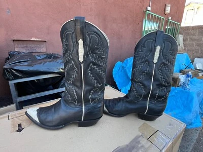 Botas vintage Tony Lama preto ocidental biqueira branca e tubulação/costura tamanho 7 D - Imagem 1 de 4