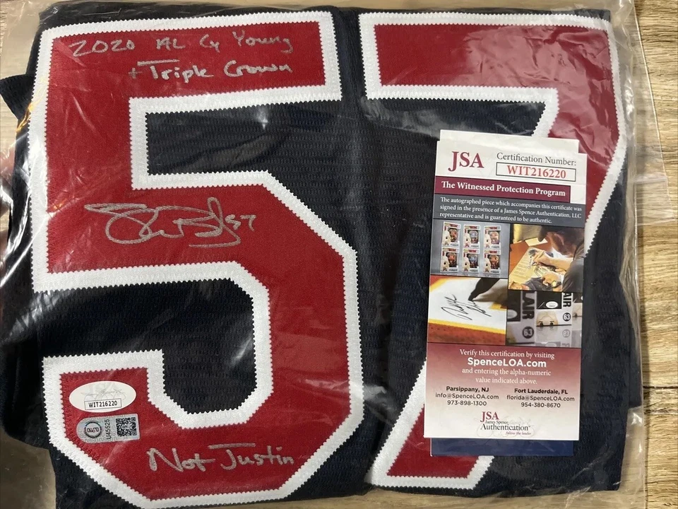 Shane Bieber Auto Jersey JSA “Not Justin” & 2020 MLB AL Cy Young + Triple Crown - Image 1 of 4