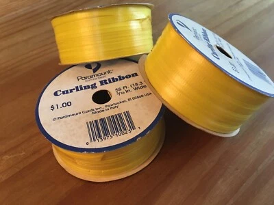 3 VINTAGE YELLOW CURLING GIFT RIBBON ROLLS BY PARAMOUNT 55 FEET 3/16" WIDE ITALY - Image 1 of 4