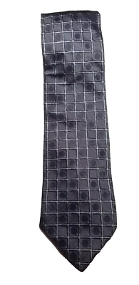 H by Steve Harvey Dk Blue Silver Grid w/Blue Circle Print Silk Pointed Tie Italy - Image 1 of 4