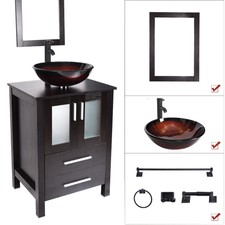 24'' Floor Bathroom Vanity Single Cabinet Glass Sink Faucet Bath Accessories Set