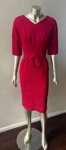 Brocade Pencil Vintage 50s Cranberry Red Midi Party formal Dress - Picture 1 of 7
