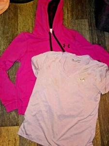 Lot 2 ~ women MEDIUM  Under Armour ~ hooded sweatshirt hoodie & t-shirt top - Picture 1 of 8
