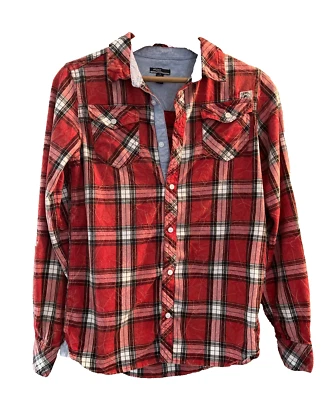 Camisa Jeans Plateada Niños Talla L Roja A Cuadros Manga Larga Abotonada Bolsillo Solapas Foto 1 de 4