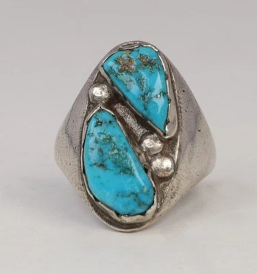 Anillo Navajo de Plata de Ley con 2 Turquesa Talla 9.5 Foto 1 de 4