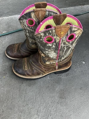 Ariat Girl Cowboy Boot Size 2 Brown Leather Pull On Square Toe Glitter 10025179 - Image 1 of 3