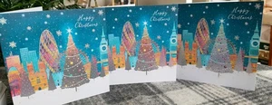 Pack of 10 Cancer Research Charity foiled Christmas Cards London Skyline - Picture 1 of 2
