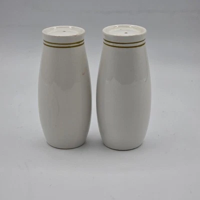 Vintage Japão Cerâmica Sal e Pimenta Shakers Par de Bandas de Ouro Branco Meio Século - Imagem 1 de 4
