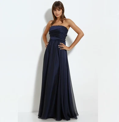 ML Monique Lhuillier Bridesmaids Dress Size 4 Navy Blue Strapless Chiffon Gown - Image 1 of 4