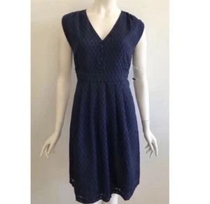 ModCloth Navy Fit n Flare V Neck Midi Pleats Sleeveless Dress Sz L Romantic NWOT - Picture 1 of 20