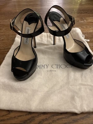 Jimmy Choo Preto Couro Patente Peep-Toe Sling Back Tamanho 37 - Imagem 1 de 4