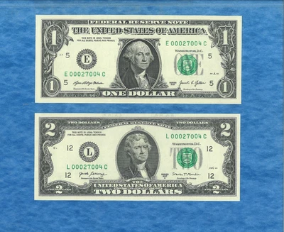 Super Low Serial Number Matching Federal Reserve Notes $2/$1 Dollar 9 Digit !! - Image 1 of 2