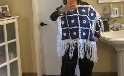 White Cotton Poncho With Granny Squares And Fringe 100% Handmade - Image 1 of 2