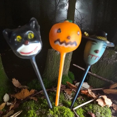 3 Vtg Halloween Cupcake Picks2.5"Cake Topper Witch Pumpkin Black Cat Retro Decor - Image 1 of 4