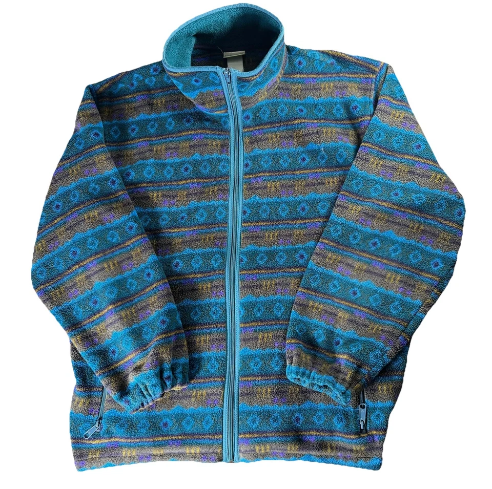 Chaqueta polar de colección años 90 LL Bean Southwestern Azteca Tribal AOP cremallera completa marrón azul Foto 1 de 4