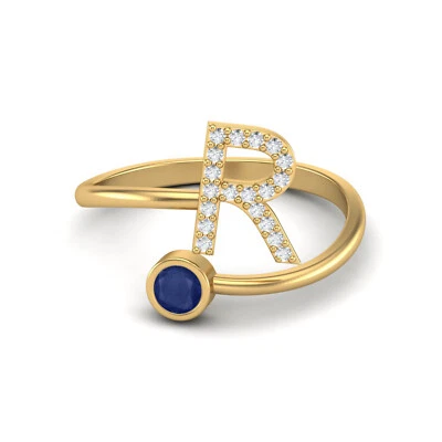 Anello R lettera iniziale zaffiro blu regolabile davanti aperto argento 925 placcato oro - Immagine 1 di 4