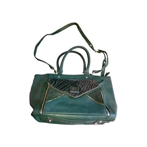 Sharif 1827 Large Green Leather Handbag Double Handles Chrome/Fur/Suede Accents - Picture 1 of 6