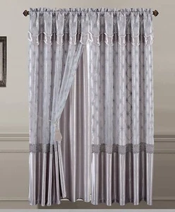 4 pc Silver Gray Embroidered Window Curtains Panels Drapes Valance Set 84 inch L - Picture 1 of 2