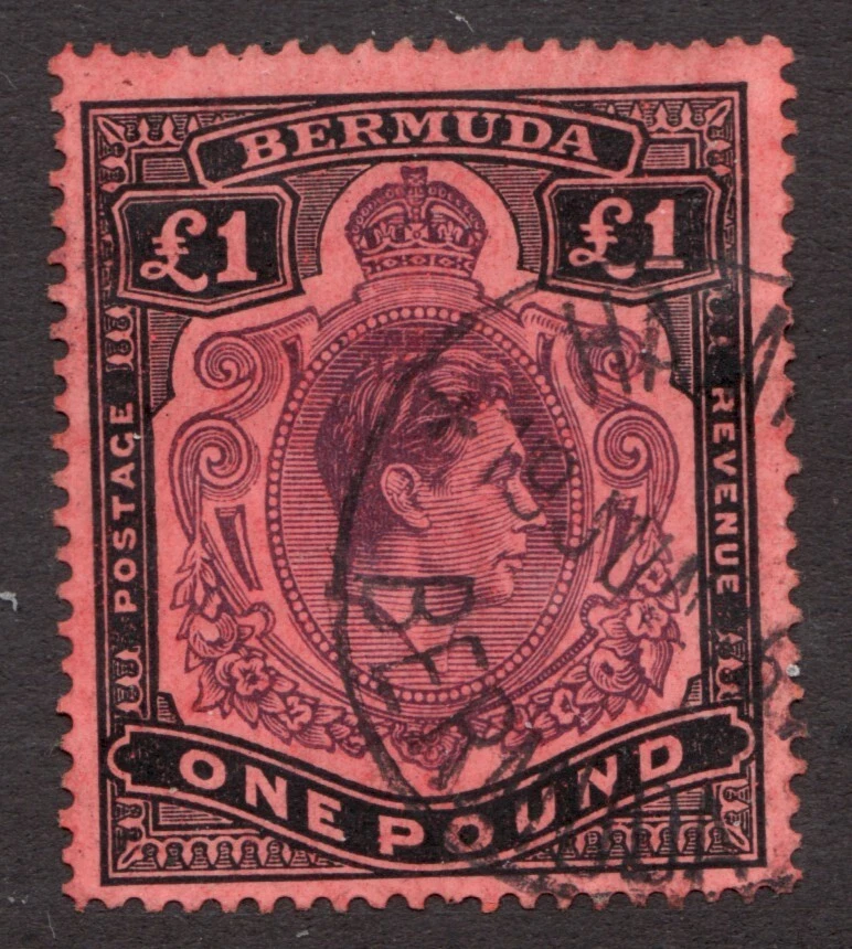 Bermuda Sc# 128a pf14 1938-51 - £1, KGVI, placa clave. Usado, cds cancelan $140.00 Foto 1 de 1