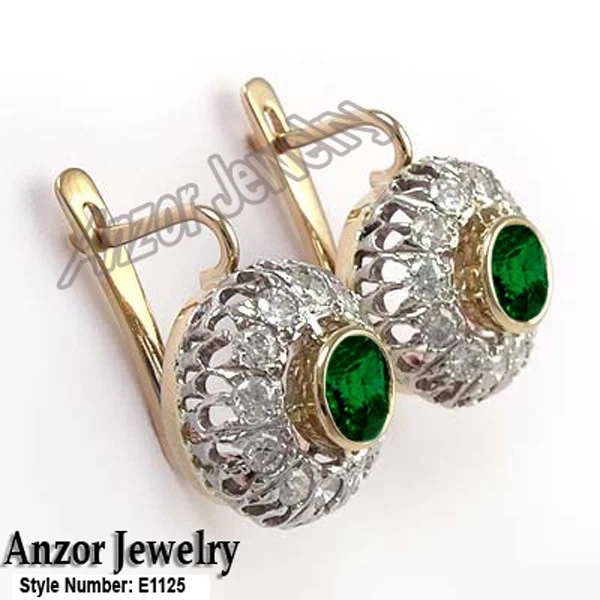14k Rose & White Gold Genuine Diamond & Chrome Diopside European Style Earrings - Image 1 of 4