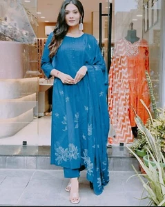 Party Wear Pure Cotton Printed Long Anarkali Kurta With Pant And Dupatta Set, - Picture 1 of 5