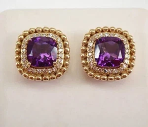 2.5Ct Cushion Cut Lab-Created Amethyst Halo Stud Earrings 14K Yellow Gold Plated - Picture 1 of 4