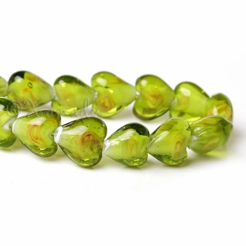 Green Heart Glass Beads - 12mm Lampwork Glass Beads G4082 - 5, 10 Or 20PCs - Image 1 of 3