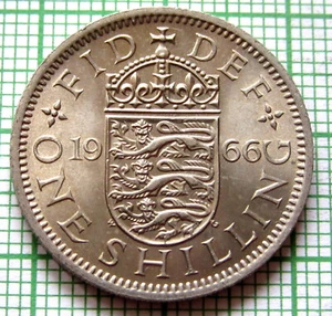 GREAT BRITAIN ELIZABETH II 1966 ONE SHILLING, English Shield UNC LUSTRE - Picture 1 of 6