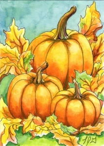 Three Pumpkins in Fall Leaves ACEO ATC Original Ink and Wash Watercolor LJG - Picture 1 of 1