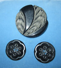 Lot Of Three Vintage Black Buttons, One Large Carved Art Deco Style Bakelite(?)