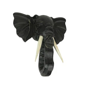 Hand Carved 12 Inch Black Elephant Head Wooden Wall Hanging Sculpture Safari Art - Picture 1 of 9