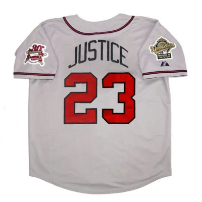 Camiseta deportiva de carretera gris David Justice Atlanta Braves 1995 Serie Mundial para hombre (S-3XL) Foto 1 de 4