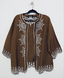 Bob Mackie Wearable Art Embroidered Open Front Jacket 3/4 Sleeves Linen Brown 1X - Picture 1 of 6