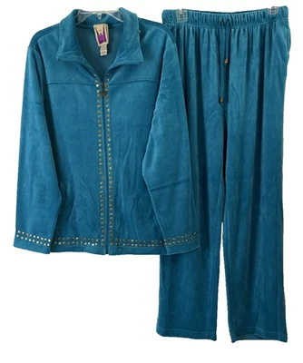 Antthony Orignial Zip Velour Jacket/Pants Set Sz L Blue Embellished Women DD760 - Image 1 of 4