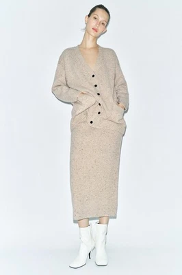 Falda midi acanalada beige 100 % lana Zara XL | Cintura alta, invierno sostenible nueva con etiquetas Foto 1 de 4