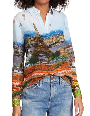 Camisa Blusa Alice + Olivia Willa Torre Eiffel Emily in Paris Seda Floral S Foto 1 de 4